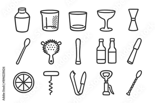 Bartending tools and glassware icons: shaker, glass, mixer, spoon, opener.