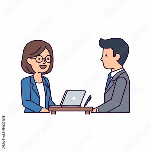 Man and woman discussing on laptop.