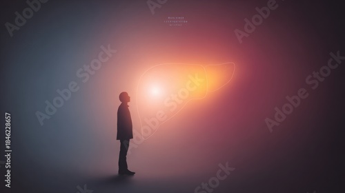 symbolic ancient liver cleansing concept, calm human silhouette, soft glowing liver area, gentle warm light, spiritual balance mood, minimalistic