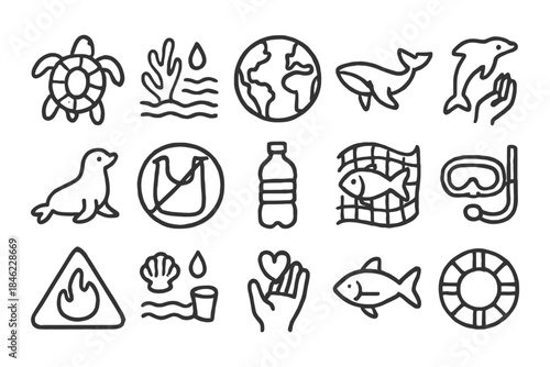 Environmental icons: marine life conservation, recycling, pollution awareness.