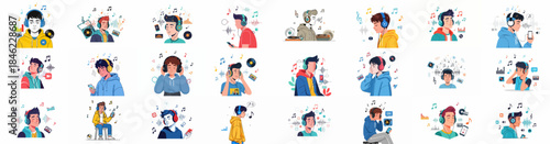 Diverse collection of young people enjoying music through headphones, surrounded by musical notes, sound waves, and audio devices like vinyl and smartphones.