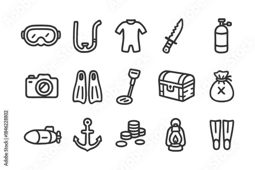 Diving and adventure equipment icons: snorkel, flippers, wetsuit, treasure chest, anchor.