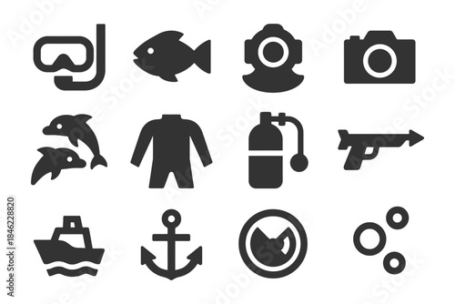 Diverse underwater adventure icons including snorkeling, diving, marine life, and gear.