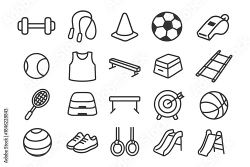 Outline icons of sports equipment and accessories.