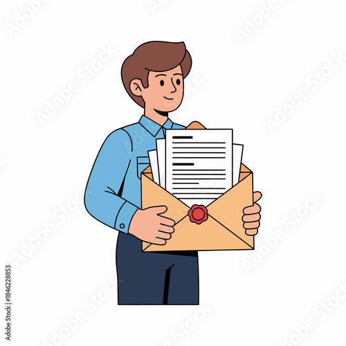 Man holding envelope with official documents.