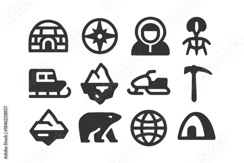 Arctic adventure icons: compass, polar bear, snowmobile, igloo, explorer.
