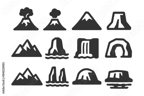 Collection of iconic natural landforms: volcanoes, mountains, waterfalls, and caverns.