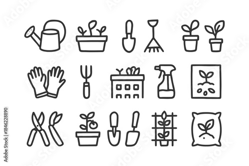 Gardening tools and plant icons: watering can, gloves, shovel, plants, seedling.