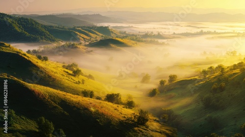 Wide valley filled with golden mist at sunrise, rolling hills emerging through fog, warm sunlight cutting through layers of atmosphere, peaceful
