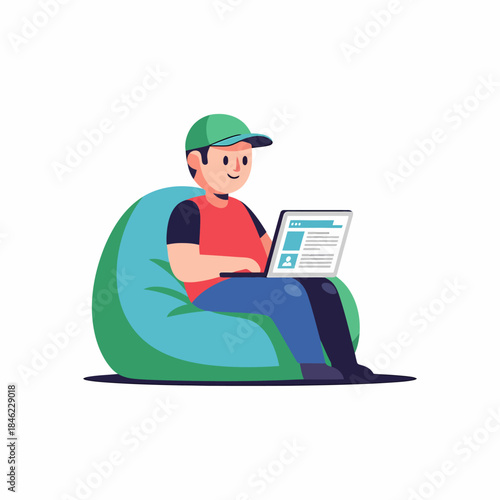 Man Relaxing on Bean Bag Chair with Laptop.