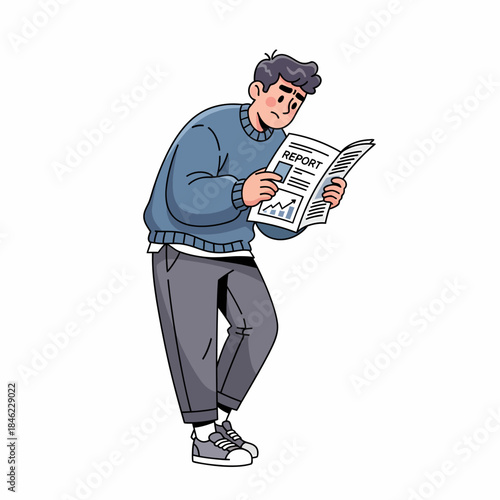 Man Reading Newspaper Standing Casual Outfit.