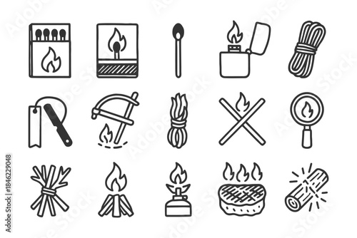 Icons of matches, fire, lighter, camping, rope, wood, magnifying glass, steak.