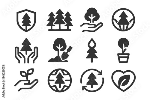 Eco-friendly nature icons: trees, recycling, conservation, sustainability symbols.