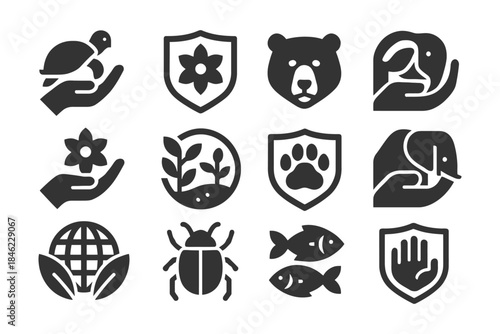 Wildlife conservation icons: turtles, bears, elephants, fish, earth.