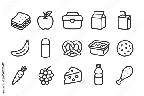 Outline food icons collection: sandwich, apple, cheese, juice box, pretzel, carrot, grapes, chicken leg.