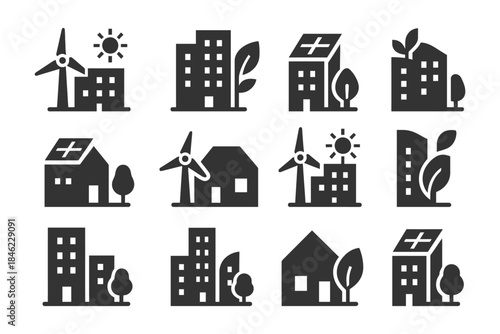 Eco-friendly buildings and renewable energy symbols collection.
