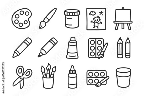 Art supplies icons: paintbrush, palette, easel, and more.