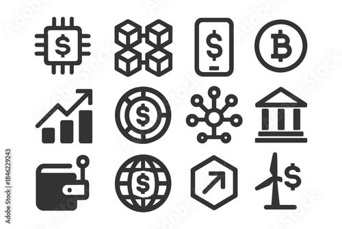 Cryptocurrency and finance icons set including blockchain and renewable energy.