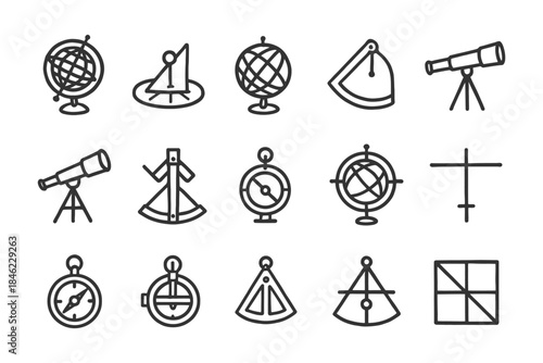 Collection of outline astronomy tools: globe, telescope, compass, sextant, sundial icons.