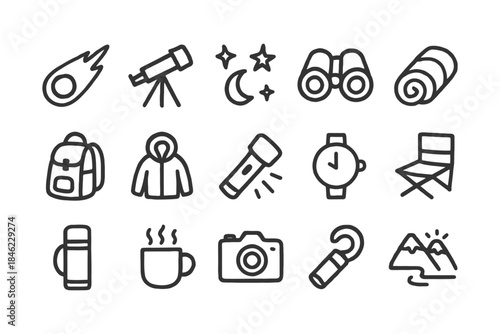 Outdoor adventure icons: camping, hiking, stargazing, exploration, travel essentials.