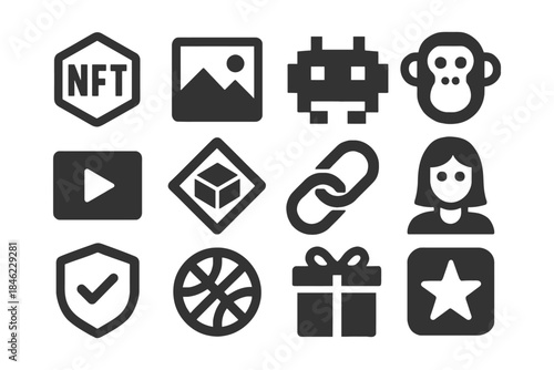 Collection of iconic symbols including nft, portrait, basketball, and gift designs.