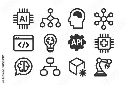 Ai and technology icons: algorithms, apis, automation, robotics, circuitry.