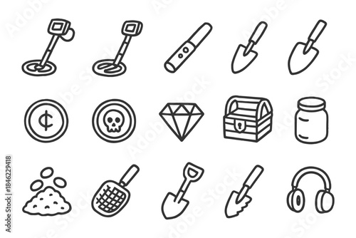 Metal detecting tools icons set: detectors, shovels, treasure, headphones.