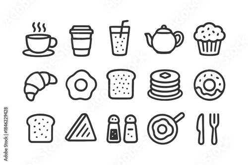 Breakfast icon set: coffee, tea, pastries, and more.