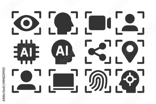 Ai and technology icons: brain, camera, fingerprint, chip, person silhouettes.