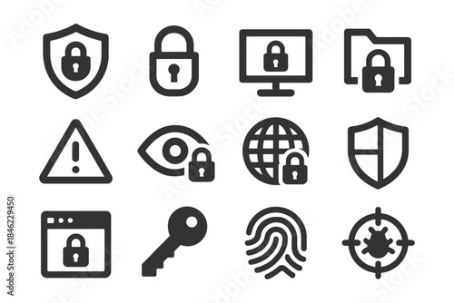 Cybersecurity icons: lock, shield, key, fingerprint, virus, warning, eye, globe, folder, browser.