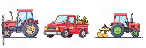 flat vector illustration of red farm vehicles and truck with crops