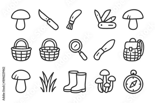 Outdoor adventure doodles: mushrooms, baskets, tools, boots, and compass.
