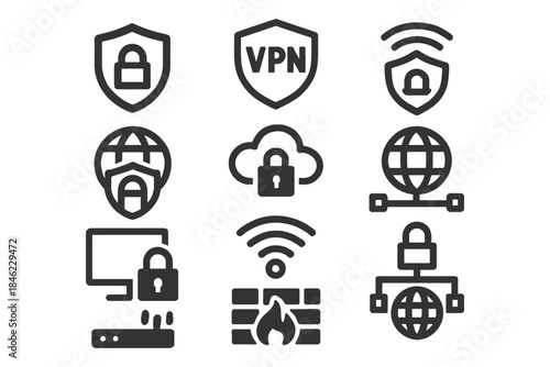 Cybersecurity icon set featuring vpn, lock, firewall, and network symbols.