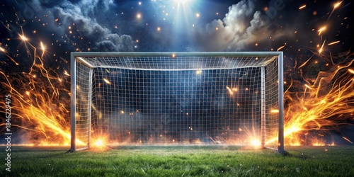 Fiery Goal  A Dramatic Nighttime Soccer Field Scene with Sparks and a Lit Goal