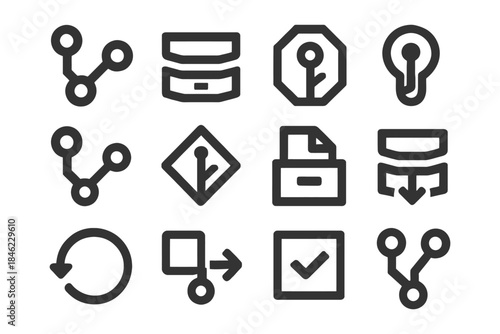 Minimalist tech icons: circuit, network, sync, share, update, file, check.