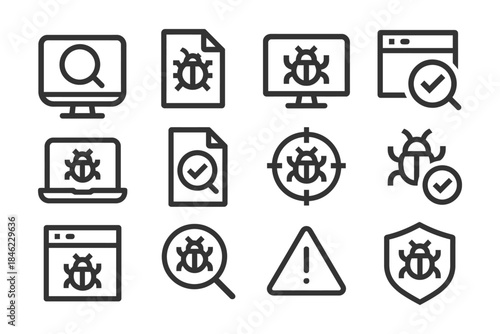 Bug investigation and security icons set for software development.