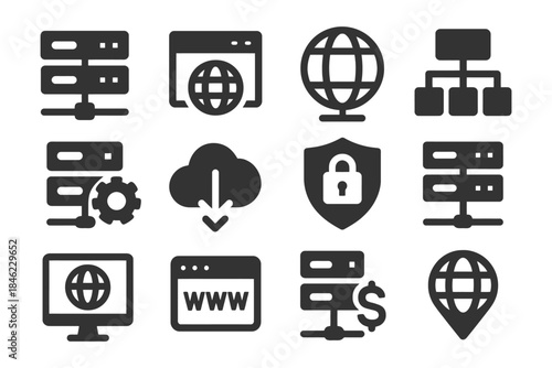 Web and data icons: network, cloud, security, server, internet.