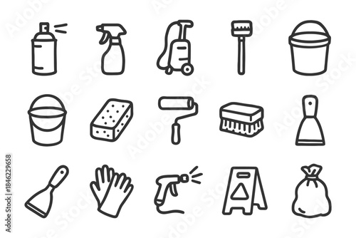 Hand-drawn cleaning tools: sprayer, bucket, brush, gloves, sponge, scraper icons.