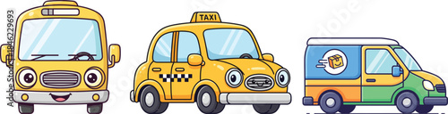 flat vector illustration of cute city vehicles with smiling faces