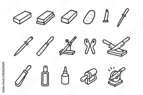 Hand-drawn kitchen and sharpening tools icons collection.