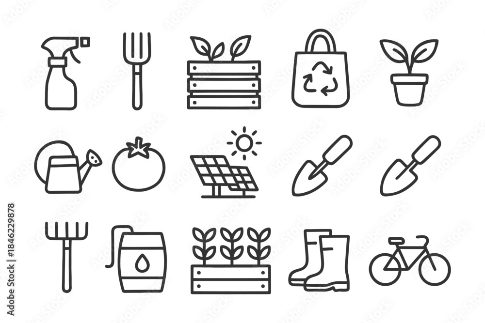 Fototapeta premium Gardening icons: tools, plants, solar panel, recycling bag, bicycle.