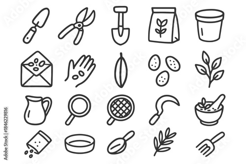 Gardening tools and supplies icons set featuring seeds, trowel, pruner, and planter.
