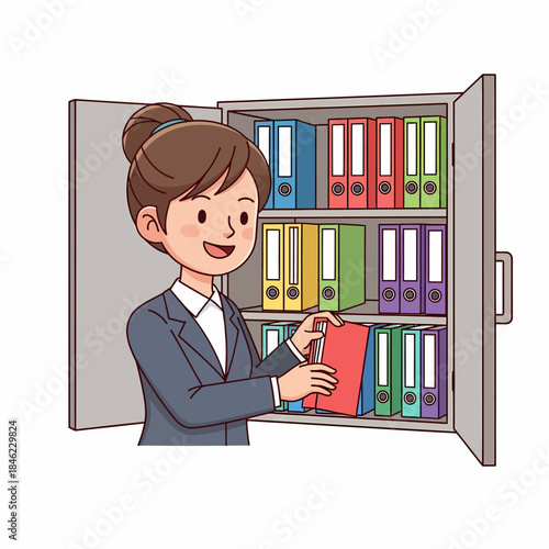 Woman in Suit Retrieving File from Cabinet.