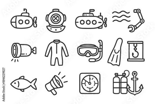 Diving and submarine equipment icons: suit, gear, submarine, fishing, nautical.