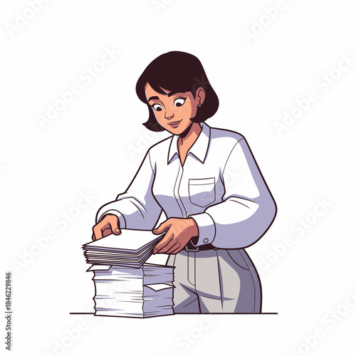 Woman in white lab coat holding papers.
