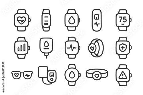 Wearable technology icons: health and fitness line art design set.