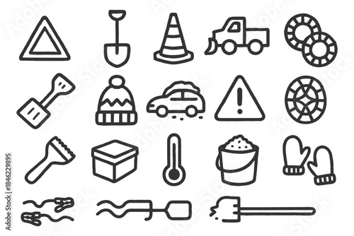 Winter icon set: tools, vehicles, and clothing symbols.