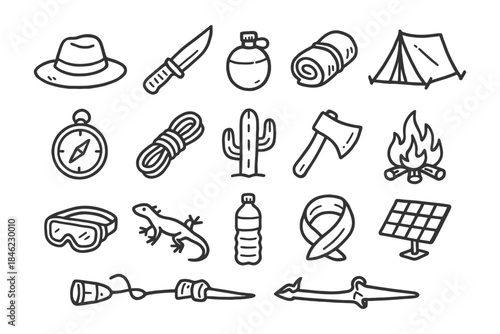 Camping essentials: knives, compass, tent, fire, cactus, tools, outdoors, equipment.