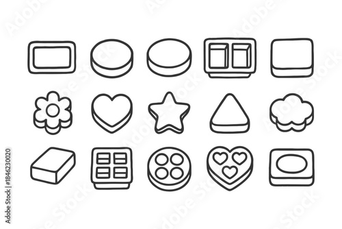 Collection of various iconic shape cookies in black and white outline.