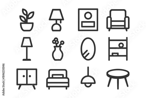 Minimalist home furniture and decor icons set including lamp, chair, table, and plant.